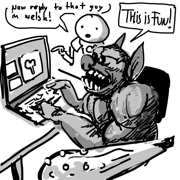 he used to troll under a bridge..
now he trolls online..
he is
DOUBLE Troll
 - Online Drawing Game Comic Strip Panel by Peyocay