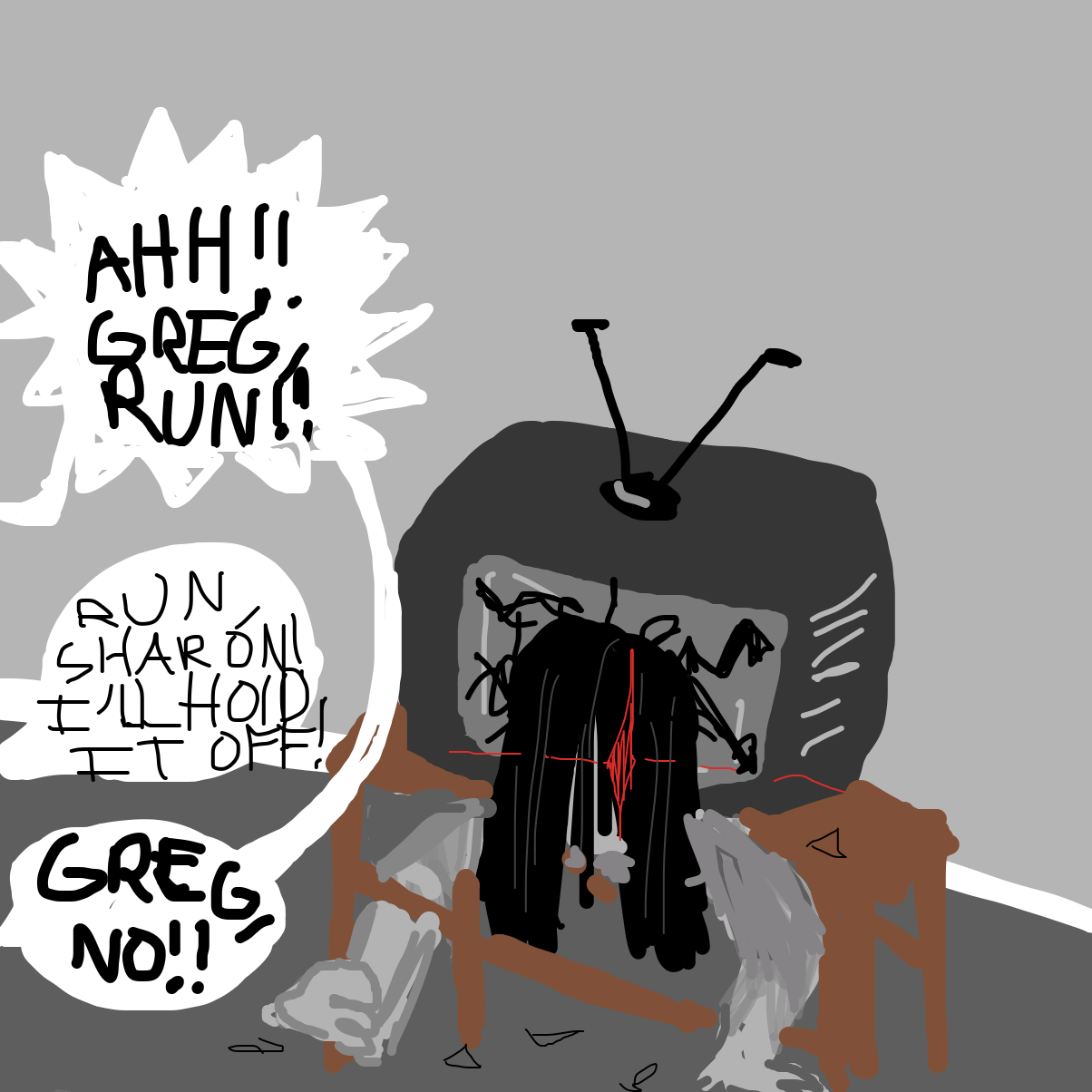 A monsters coming out of the tv!! Make something to for Gregory and Sharon to hold off the monster - Online Drawing Game Comic Strip Panel by cerealman