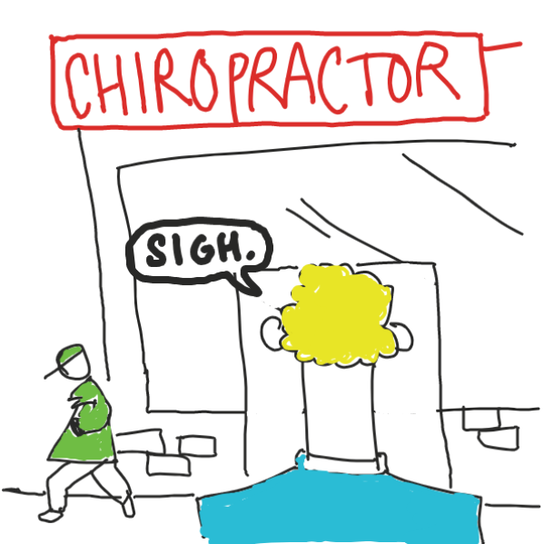 Long Neck Luke goes to the chiropractor to ask if there's a way to shorten his neck...dangerous methods are used... - Online Drawing Game Comic Strip Panel by Southern Boulevard