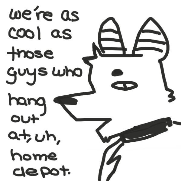 weird fox demon guy compares their coolness to the fellas at home depot - Online Drawing Game Comic Strip Panel by SoloDust