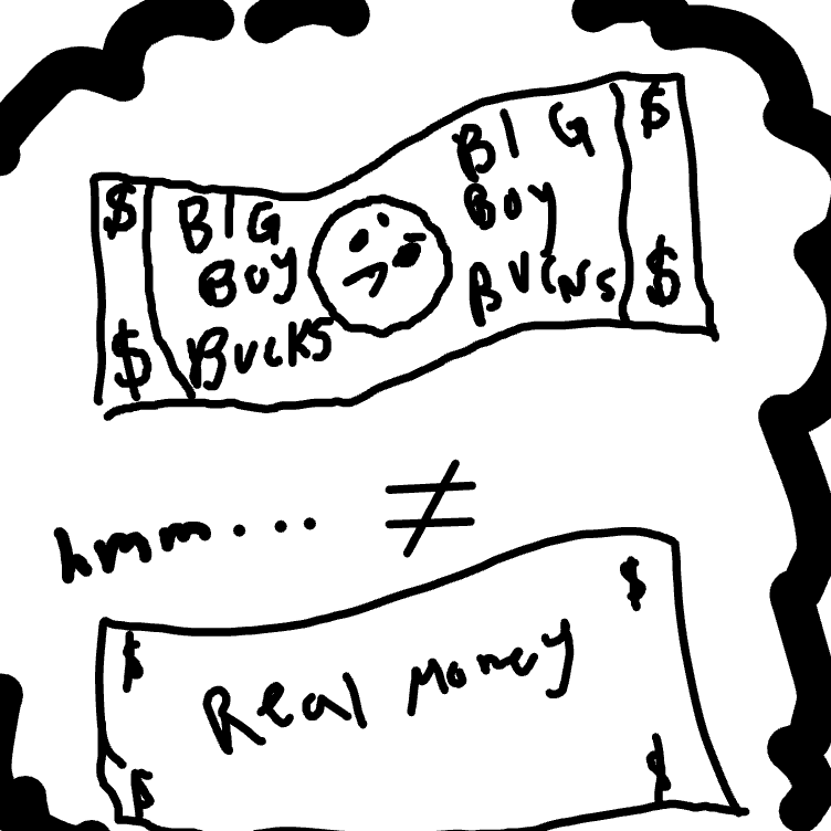 Take out paper and write real money on it/ driver pushes kid off bus/ driver is actually the dad/ driver lets him go (crying?) - Online Drawing Game Comic Strip Panel by Bubble_Bee