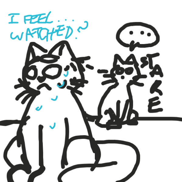 A cat sitting outside is feeling a bit paranoid about another newly arrived cat in town. - Online Drawing Game Comic Strip Panel by CaptainRobot💎