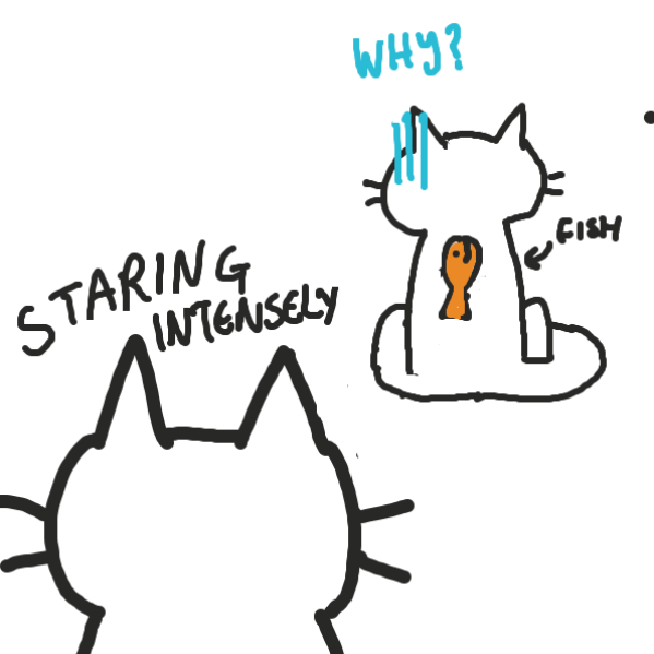Cat doesnt realise there is fish on its back... - Online Drawing Game Comic Strip Panel by joshyouart