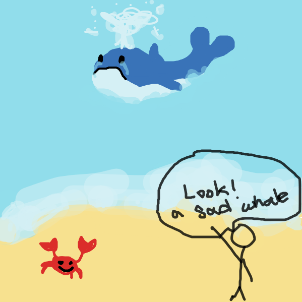 billy goes on vacation and sees a sad whale at the beach, also a mysterious crab. - Online Drawing Game Comic Strip Panel by Libby