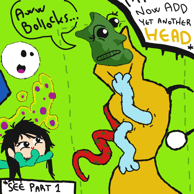 [You reading this, ADD NEW HEAD]

Just like in this strip's predecessor, "Fill the head", add a HEAD to the creatures person or permanent design~! - Online Drawing Game Comic Strip Panel by Jyke The Person