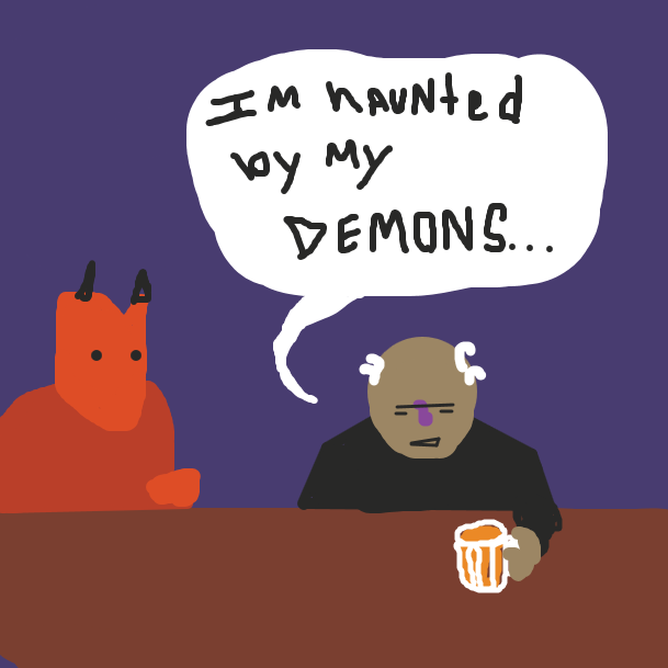 "I'm haunted by my DEMONS..." the old man says, sitting at the bar next to a devilish looking figure. - Online Drawing Game Comic Strip Panel by jamdaddy