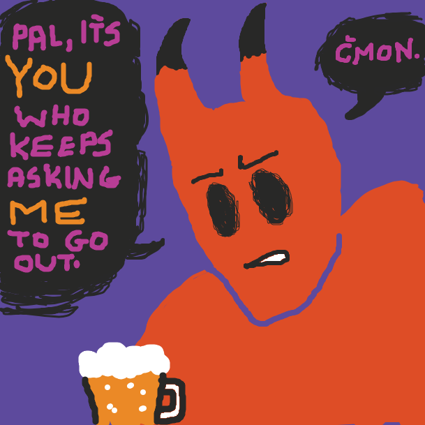 The demon is annoyed that his drinking buddy, Old Man At The Bar, described their friendship as a "haunting". - Online Drawing Game Comic Strip Panel by KJ