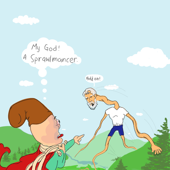 Super Deaf is stunned. He hasn't seen a Sprawlmancer in many, many years. - Online Drawing Game Comic Strip Panel by Wizard Croissant