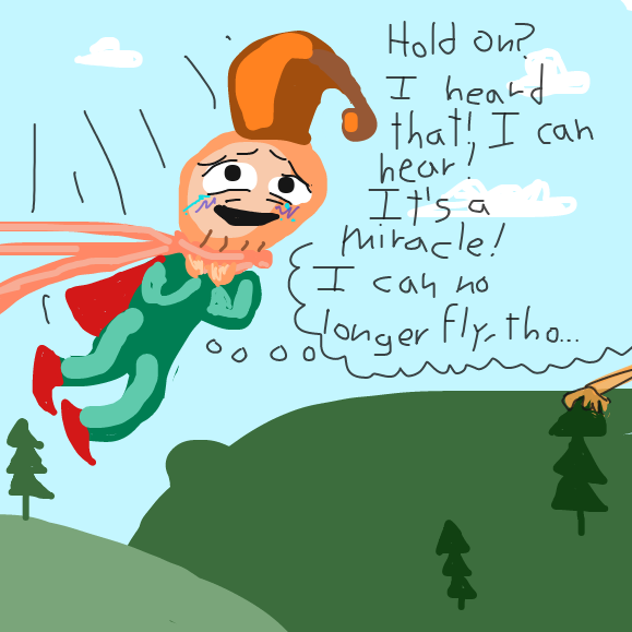 What a coincidence. Super Deaf's weakness, it's long toes. They make him lose his impressive not hearing powers. And his flight... - Online Drawing Game Comic Strip Panel by Vytron