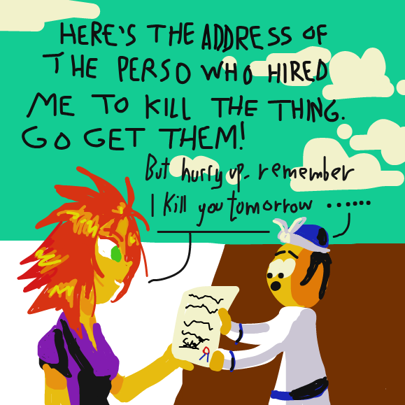 Other than being a hitwoman, she's quite nice. - Online Drawing Game Comic Strip Panel by Vytron