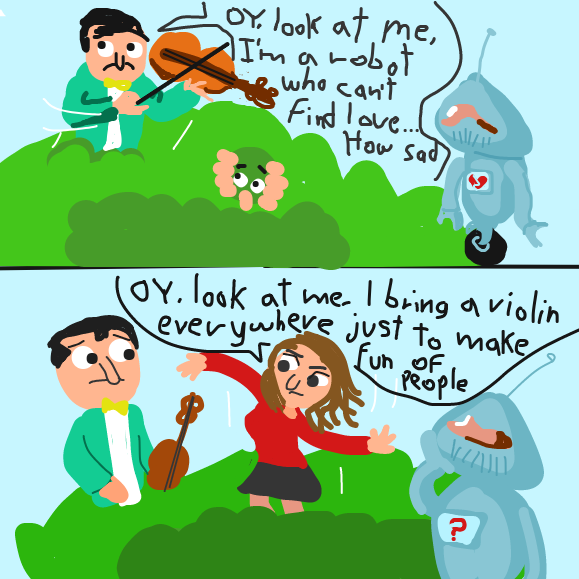 Love bot has to consider if it really wants the love of these people... - Online Drawing Game Comic Strip Panel by Vytron