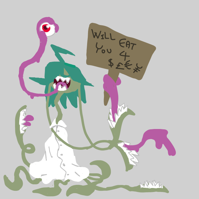 Thing with 8 tentacles, 8+1 mouths with tongue-hands & 1 disconnected eye has a great deal 4 U !!1! - Online Drawing Game Comic Strip Panel by Jyke The Person