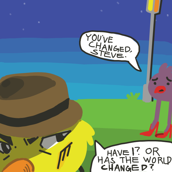 As the style continues to change, Steve loses sense of his identity. - Online Drawing Game Comic Strip Panel by Dragatile