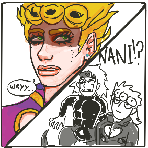baby's first wryyyy
also why does my giorno look so ugly loll
giorno before mine is dank - Online Drawing Game Comic Strip Panel by Mojomos