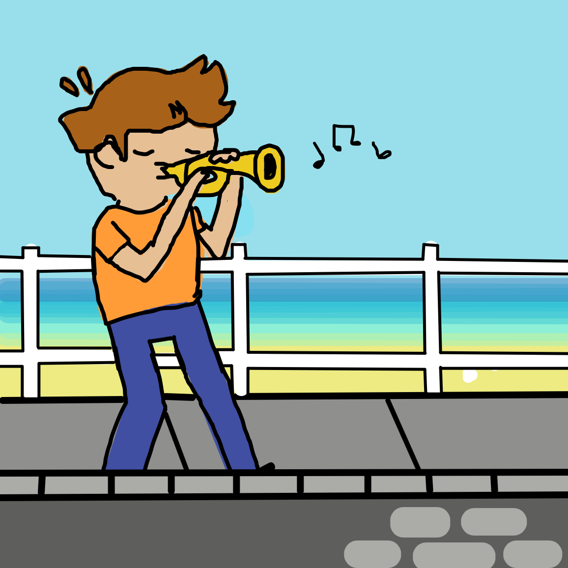 Trumpet boi plays his jazzy tunes on the beach, his favourite place to jam.  - Online Drawing Game Comic Strip Panel by unfortunate fool