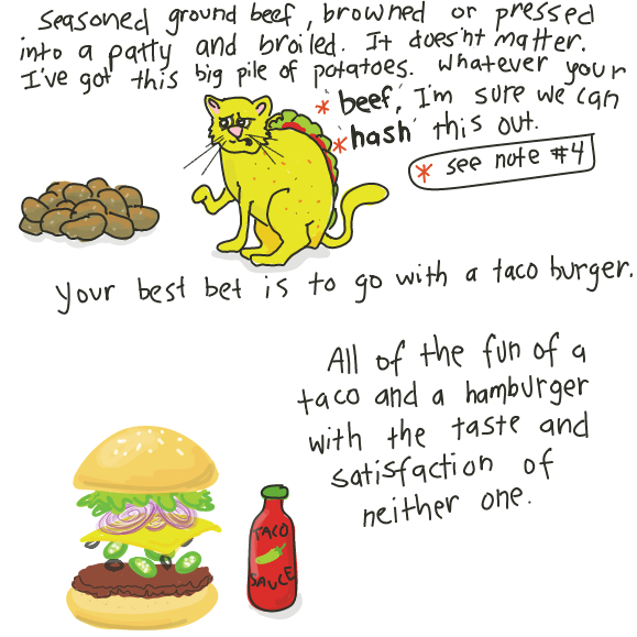 Two new puns. Beef is meat but also means a problem or complaint. Hash is to talk out a situation to an agreeable resolution. A dish of beef and potatoes, chopped up, seasoned and cooked together is known as hash. - Online Drawing Game Comic Strip Panel by Wizard Croissant