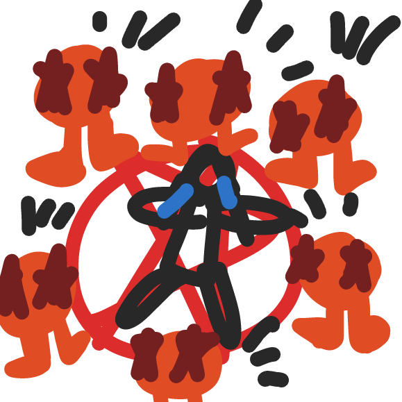 Orange creatures preform a ritualistic sacrifice on this person. - Online Drawing Game Comic Strip Panel by ideasflyingaway