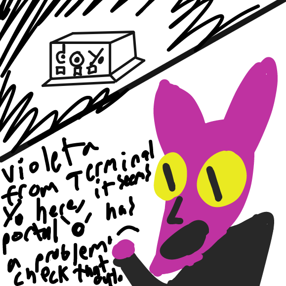 Terminal 2 (where Violeta is) is the only station in the middle of the Abyss, far away from Terminal 1 (where Azul is). Violeta detects problems with the portals and other things, so that the other stations can fix it. Portal 1 is the purple one. - Online Drawing Game Comic Strip Panel by ideasflyingaway