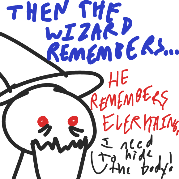 THEN THE WIZARD REMEMBERS... HE REMEMBERS EVERYTHING.

Wizard: I need to hide the body! - Online Drawing Game Comic Strip Panel by ideasflyingaway