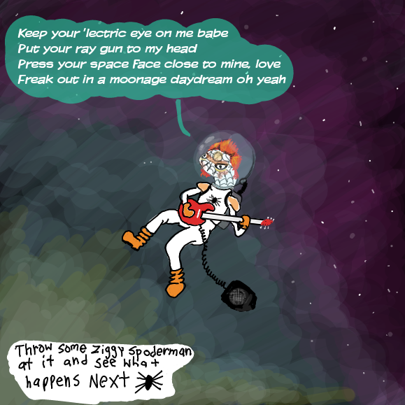 SpoderBowie breaks the derail and resets the strip so it can continue as if the derajl never happened. - Online Drawing Game Comic Strip Panel by Wizard Croissant