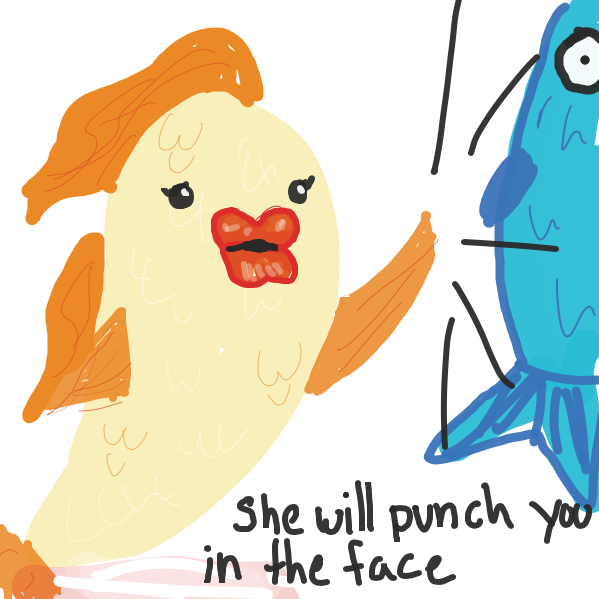 Beautiful surfing fish punches ugly sardine out off the way. - Online Drawing Game Comic Strip Panel by Madi