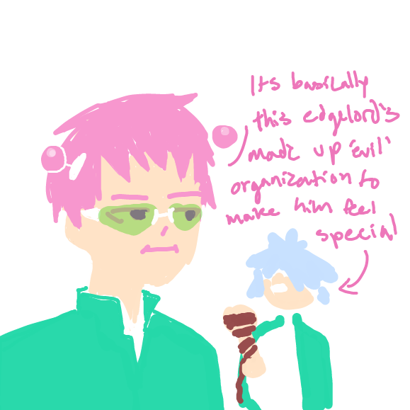 The anime is The Disastrous Life of Saiki K
Basically Shun (blue guy) thinks that the Dark Reunion, "are trying to steal "Black Beat" a dark force that dwells in the latter's right arm and create a new world with it." (fandom.com) - Online Drawing Game Comic Strip Panel by ironically horny
