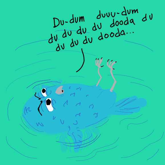 I don't know bow to write out tbe instrjmentals to the Jaws theme. - Online Drawing Game Comic Strip Panel by Wizard Croissant